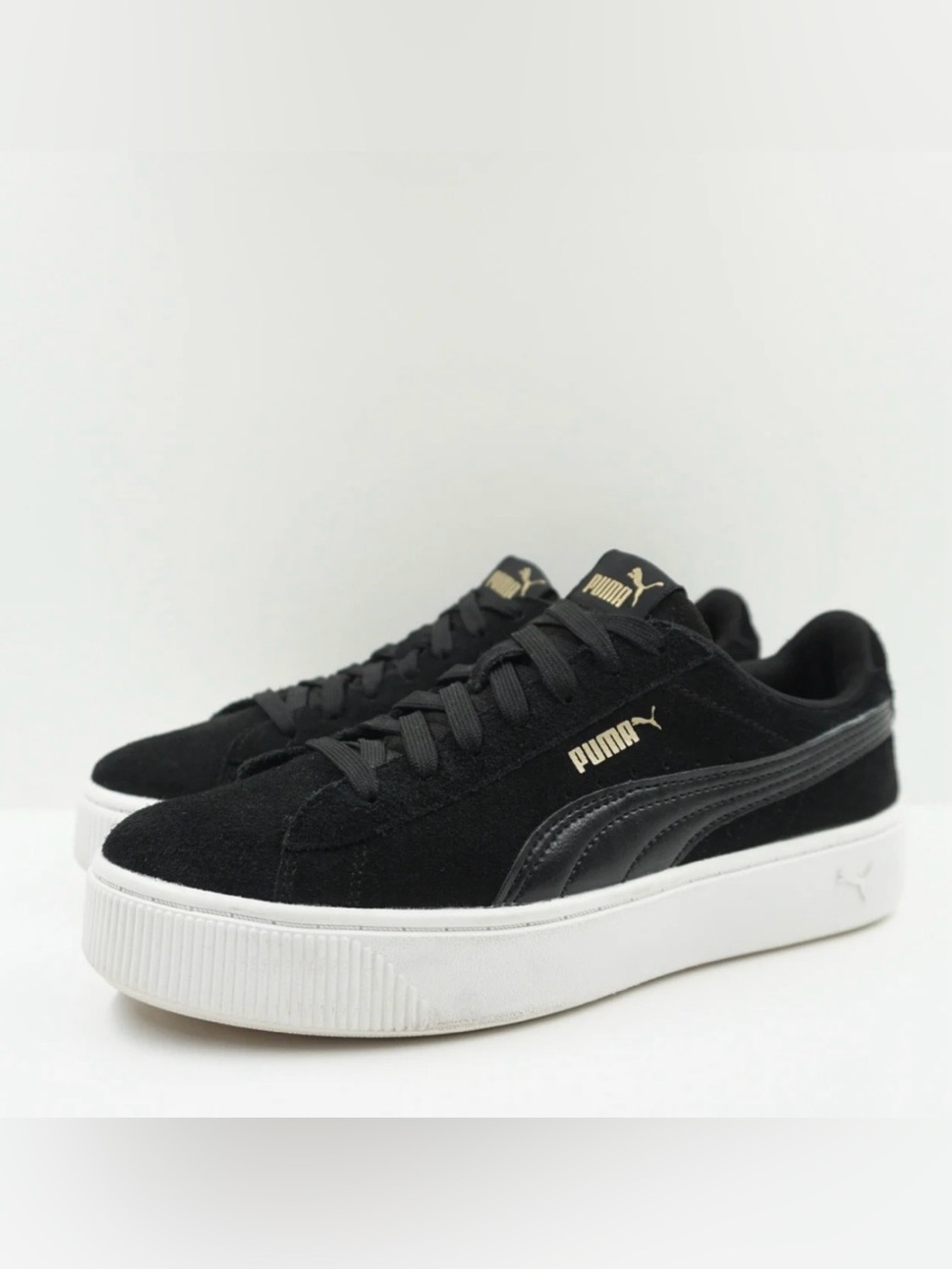 Puma Vikky Platform Black Suede Sneakers with White Soles